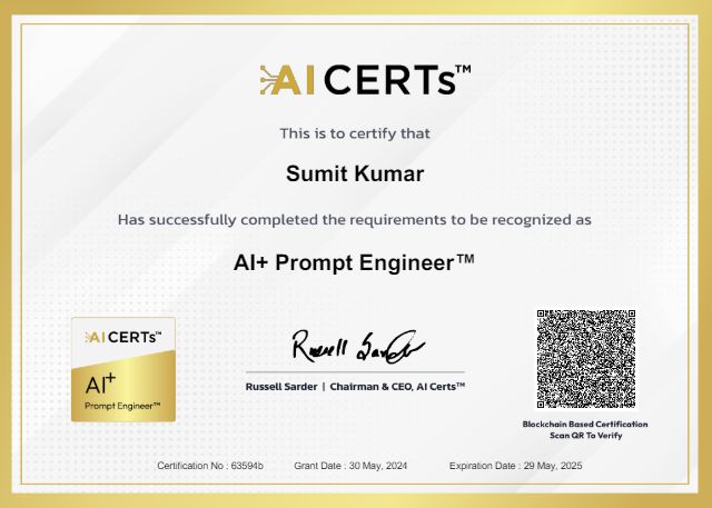 Certificate Earned By Sumit Kumar