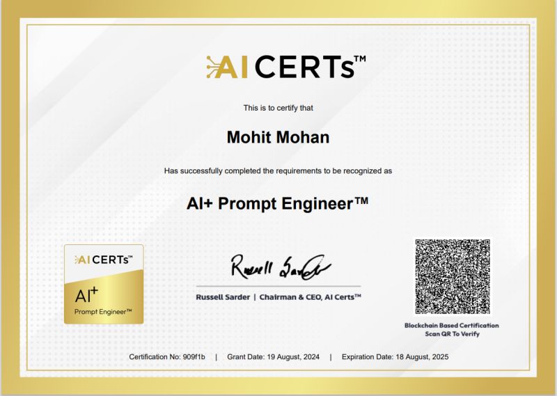 Certificate Earned By Mohit Mohan