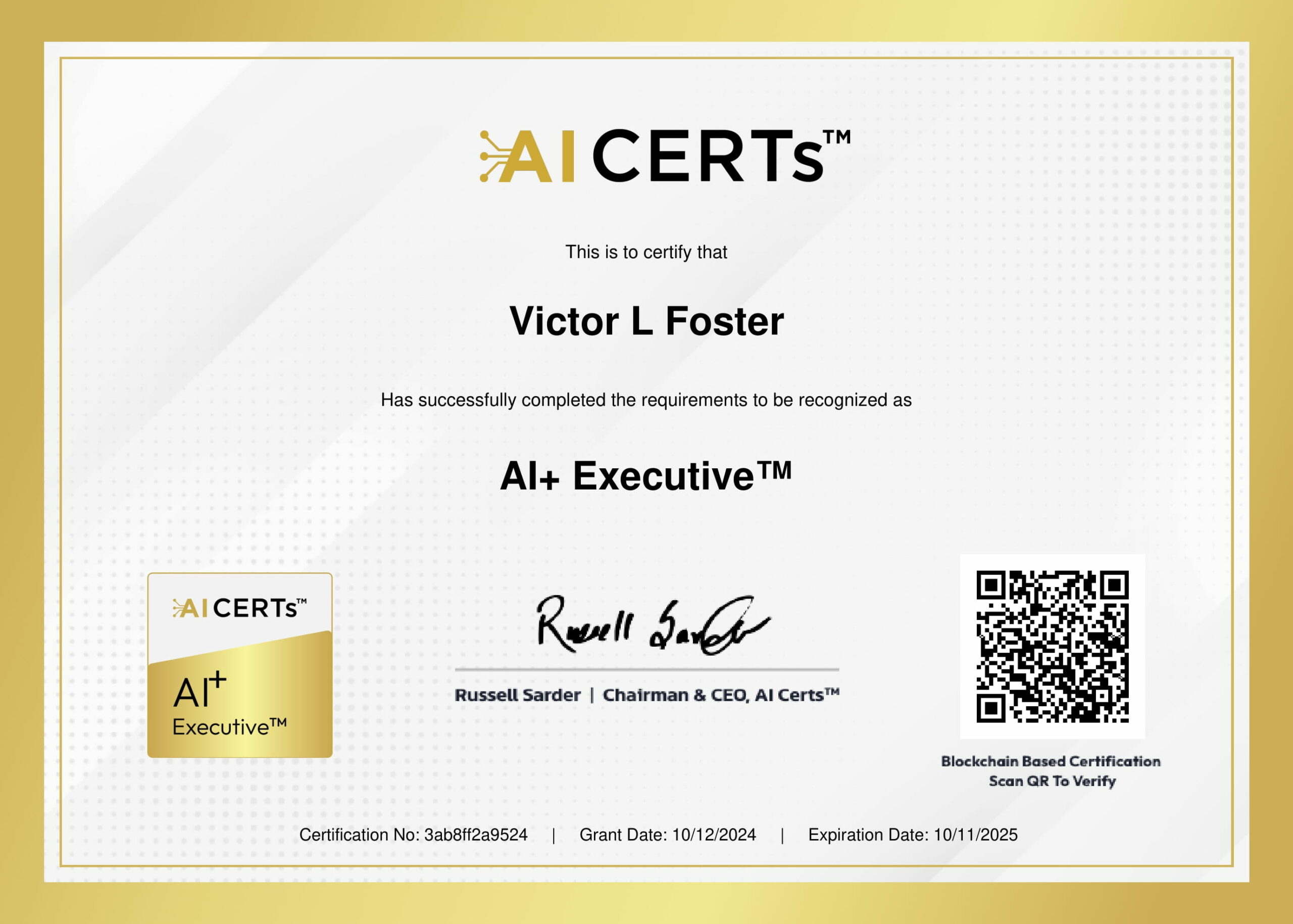 Certificate Earned By Victor L Foster