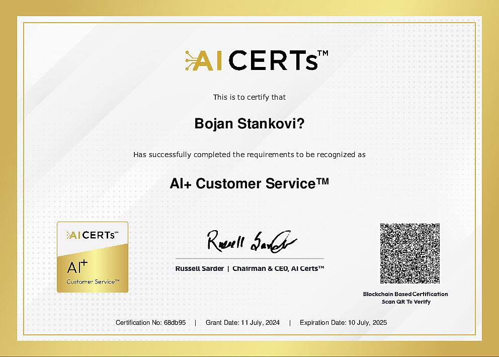 Certificate Earned By Bojan Stankovic