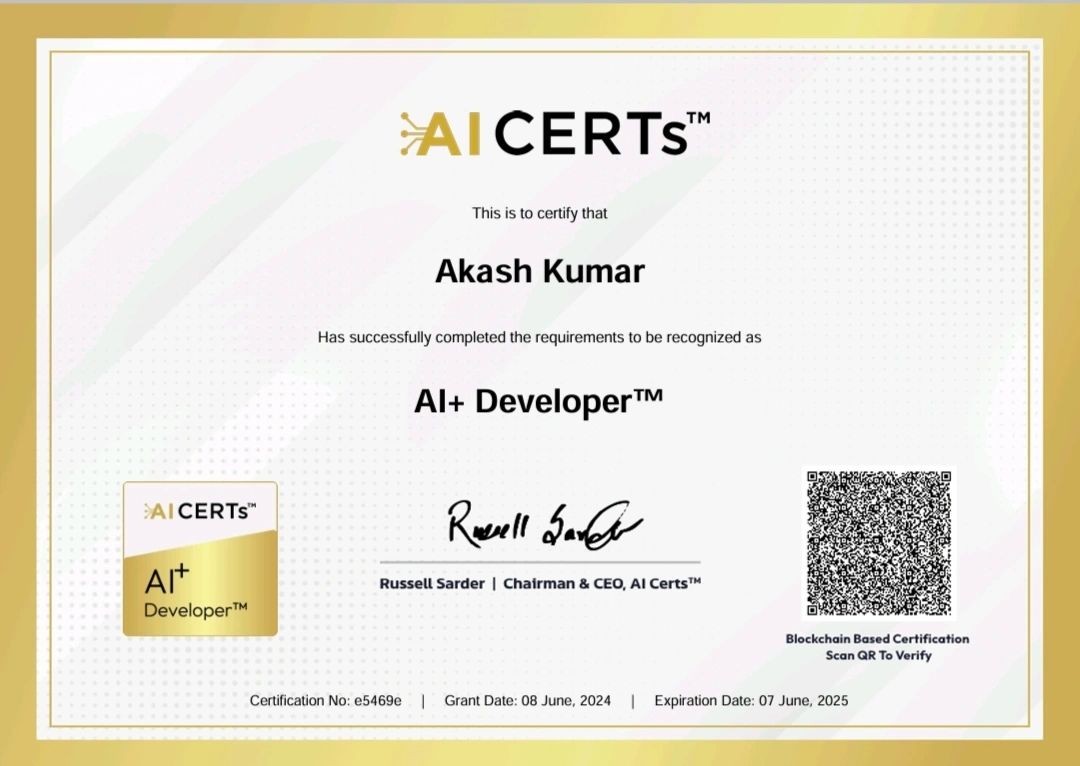 Certificate Earned By Akash Kumar