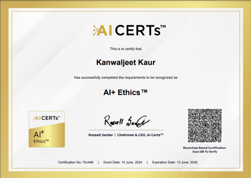 Certificate Earned By Kanwaljeet Kaur