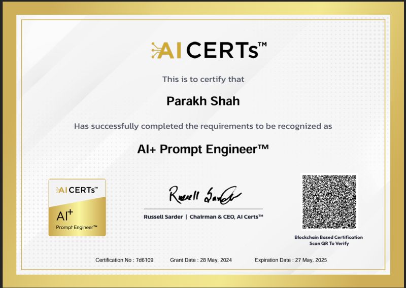 Certificate Earned By Parakh Shah