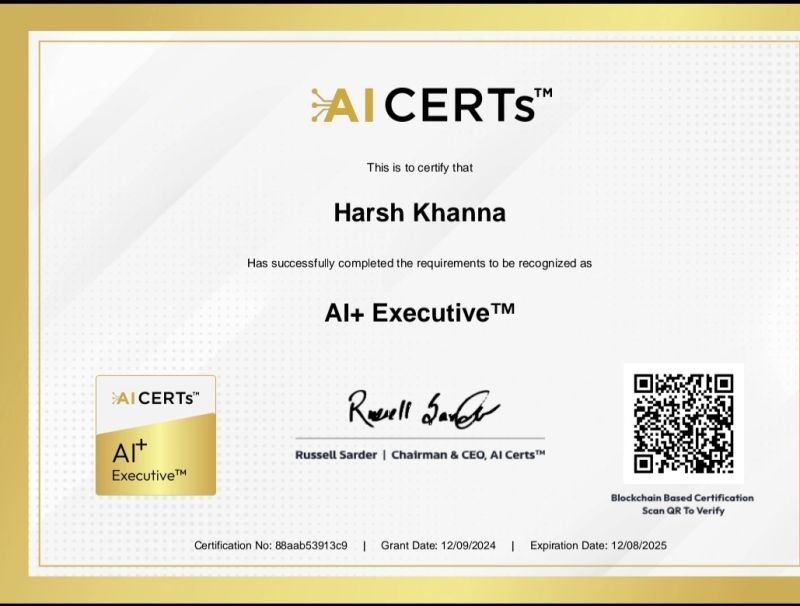 Certificate Earned By Harsh Khanna