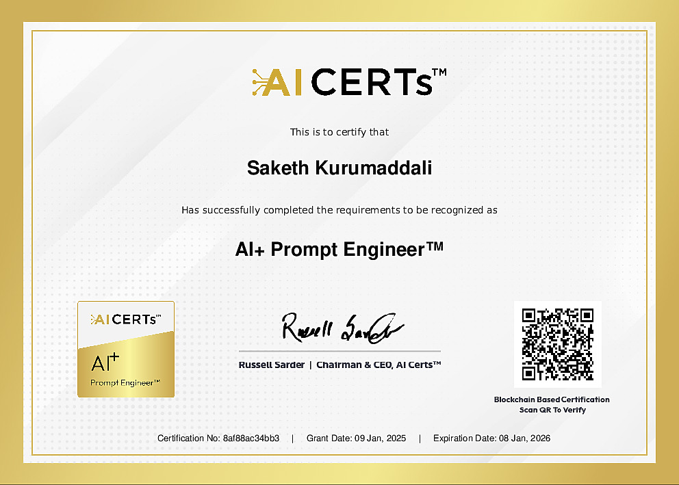 Certificate Earned By Saketh Kurumaddali